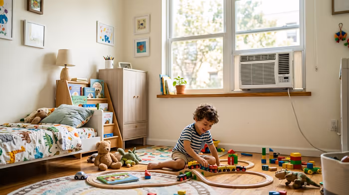 Criança brincando no quarto, com ar-condicionado de janela