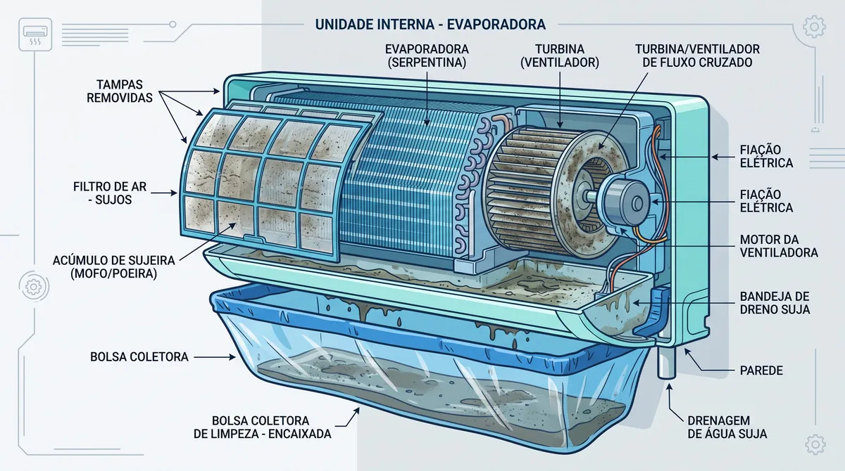 Ilustração da unidade interna de um ar-condicionado split por dentro: filtro, evaporadora, turbina e bandeja do dreno com sujeira acumulada, e a bolsa coletora encaixada embaixo do aparelho