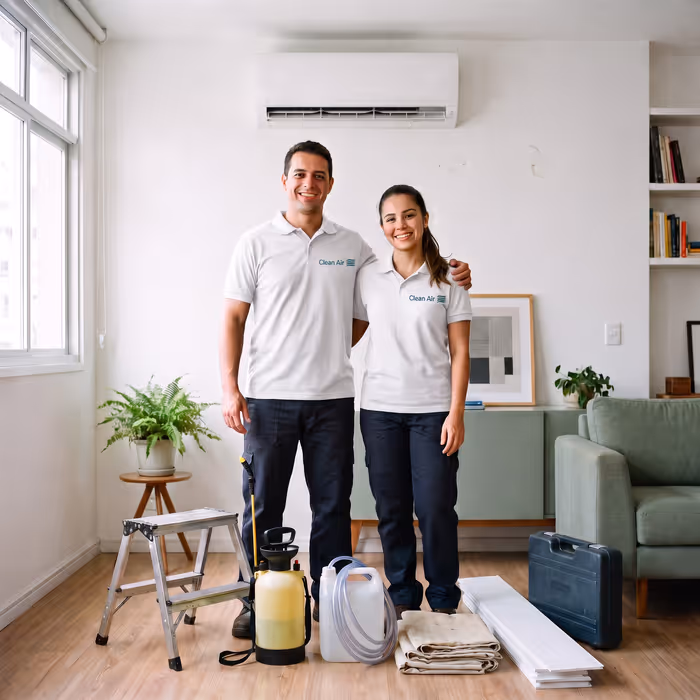 Dois técnicos da Clean Air de uniforme, numa sala com split na parede, com escada, pulverizador, galão, mangueira, panos e placas de proteção no chão
