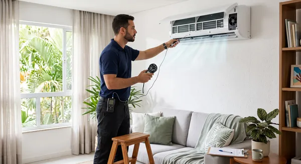 Técnico medindo o fluxo e a temperatura do ar na saída do split antes da higienização