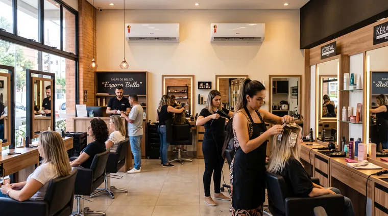 Salão de beleza em funcionamento, com dois aparelhos de ar-condicionado split na parede